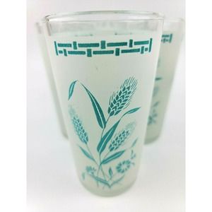 Vintage 1950s Tumblers Aqua Wheat Flower Frosted Glasses Set Of 5 Glasses
